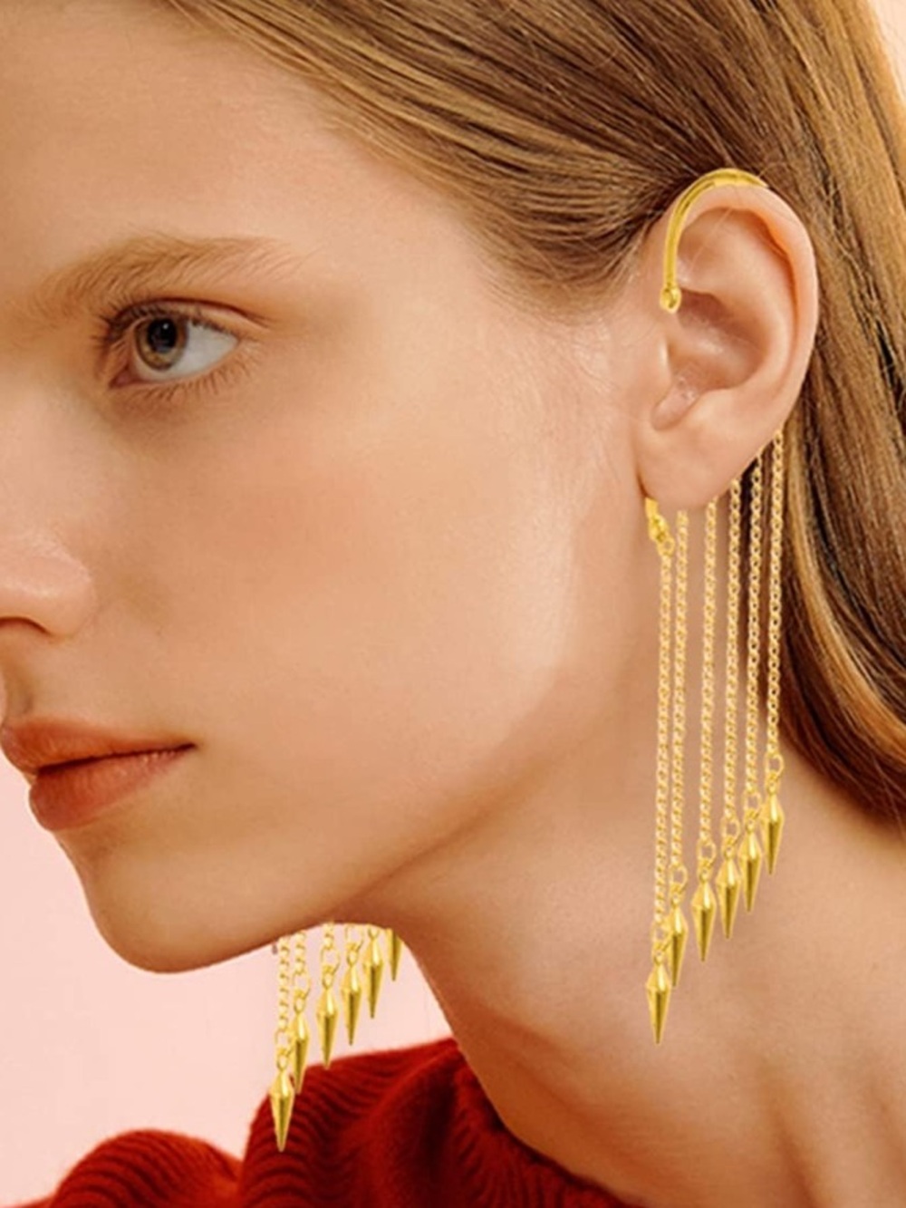 Edgy Golden Ear Cuff Waterfall Chain Earrings